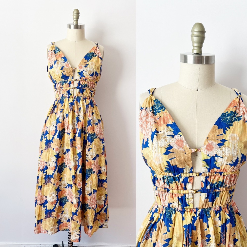 Caroline Constas Midi Dress Yellow Blue Floral Smocked V-Neck Spring Summer M‎